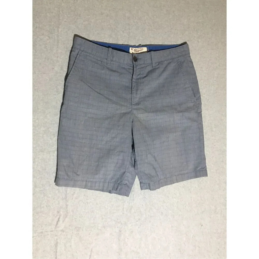 Mens Penguin Shorts Size 33 Checkered Blue Grey Cotton Blend Casual